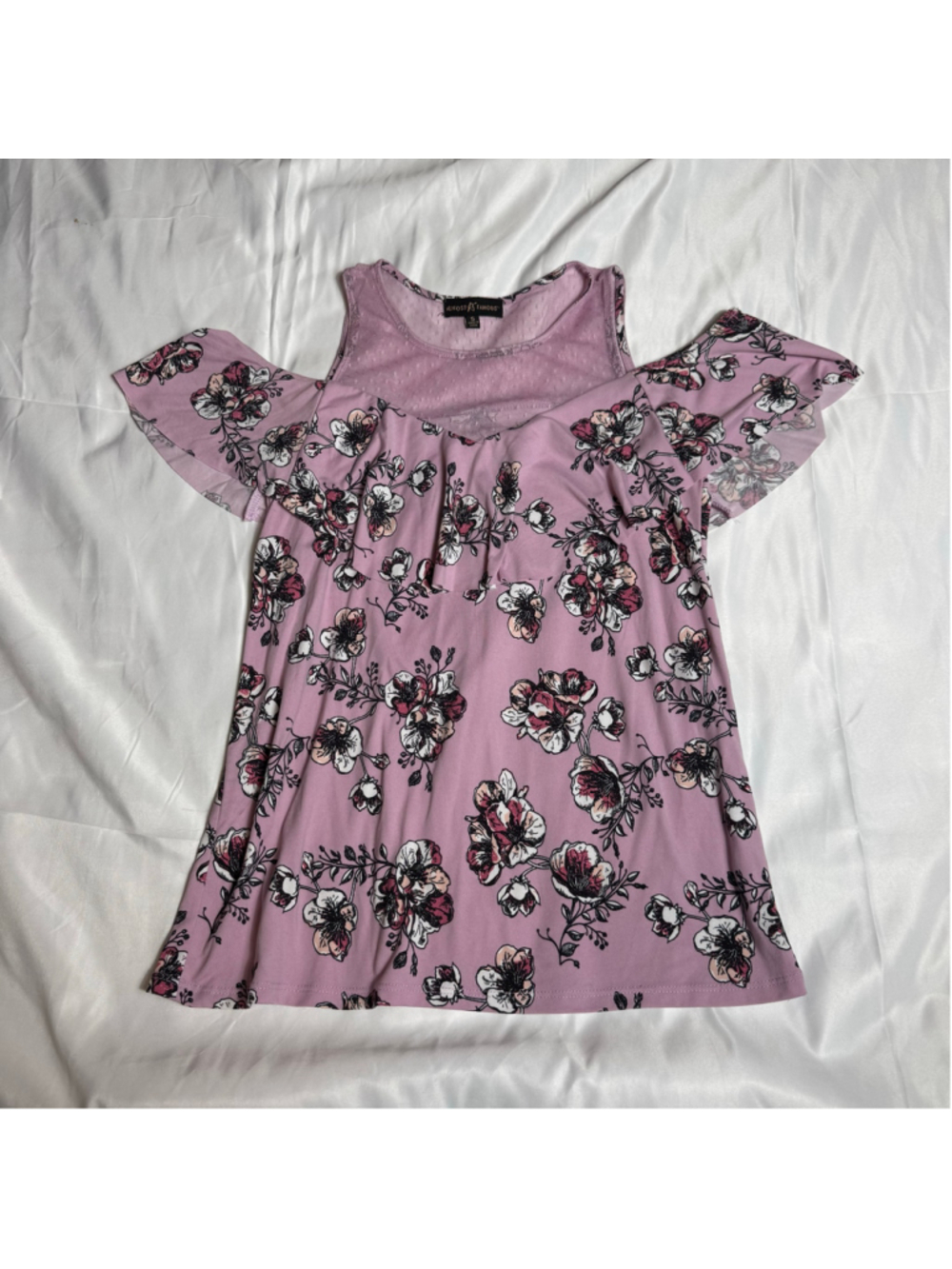 Women's Almost Famous Floral Cold Shoulder Blouse Pink White Size S